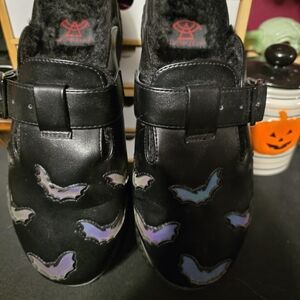 Strange Cvlt Black Mules with Colorful Bat Design